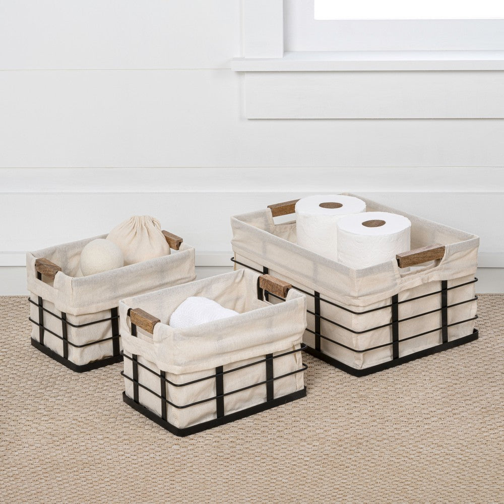 Callan Vintage Industrial Handmade Wire Metal Nesting Storage Baskets with Wood Handles and Fabric Liner