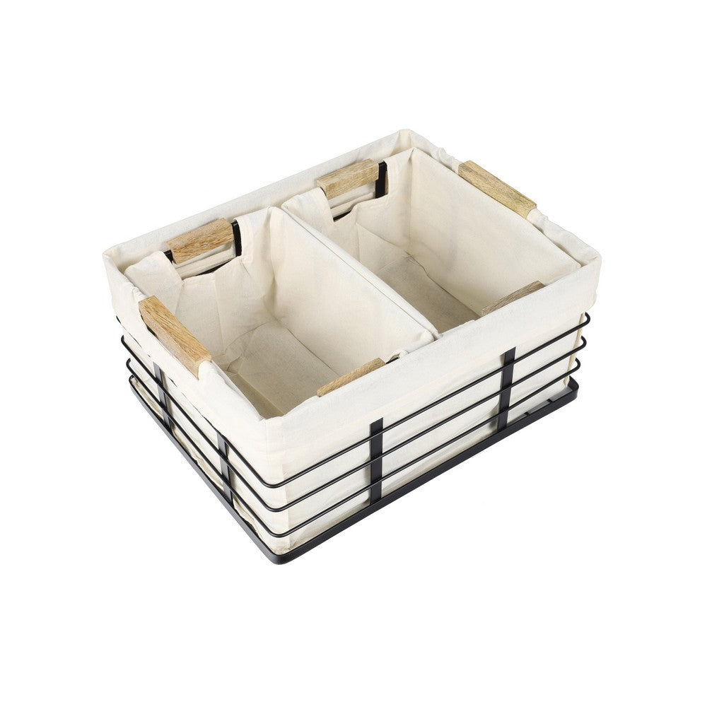 Callan Vintage Industrial Handmade Wire Metal Nesting Storage Baskets with Wood Handles and Fabric Liner