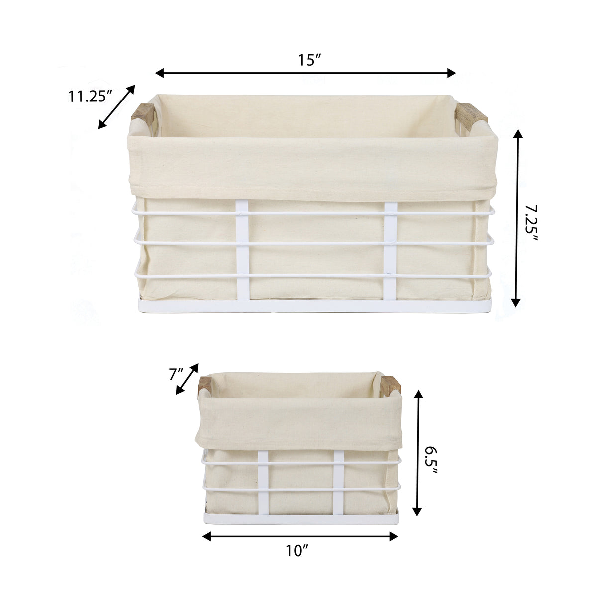 Callan Vintage Industrial Handmade Wire Metal Nesting Storage Baskets with Wood Handles and Fabric Liner
