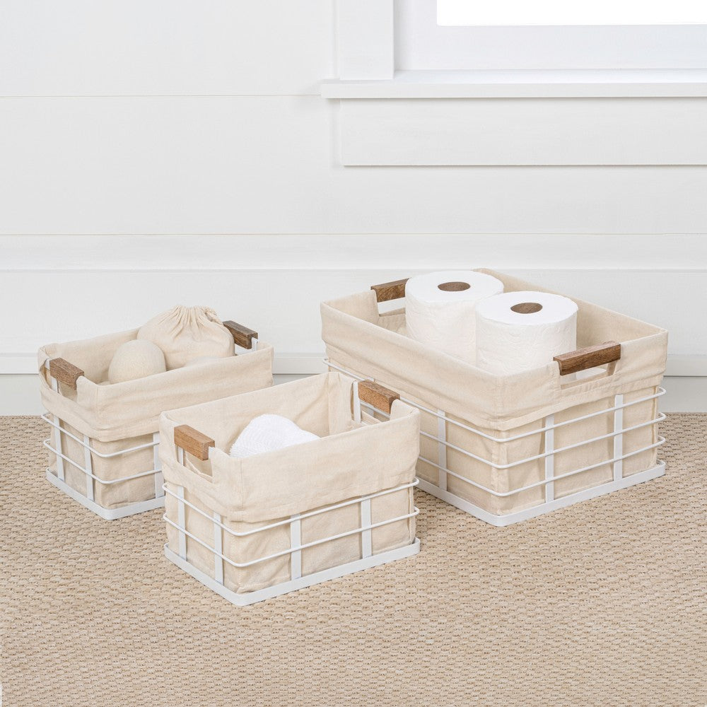 Callan Vintage Industrial Handmade Wire Metal Nesting Storage Baskets with Wood Handles and Fabric Liner