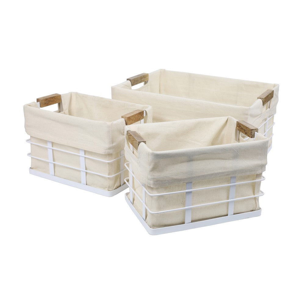 Callan Vintage Industrial Handmade Wire Metal Nesting Storage Baskets with Wood Handles and Fabric Liner