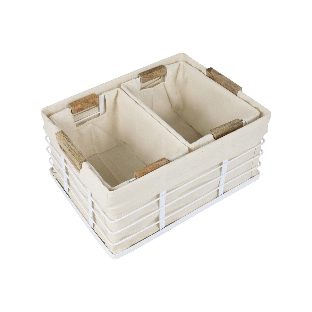 Callan Vintage Industrial Handmade Wire Metal Nesting Storage Baskets with Wood Handles and Fabric Liner