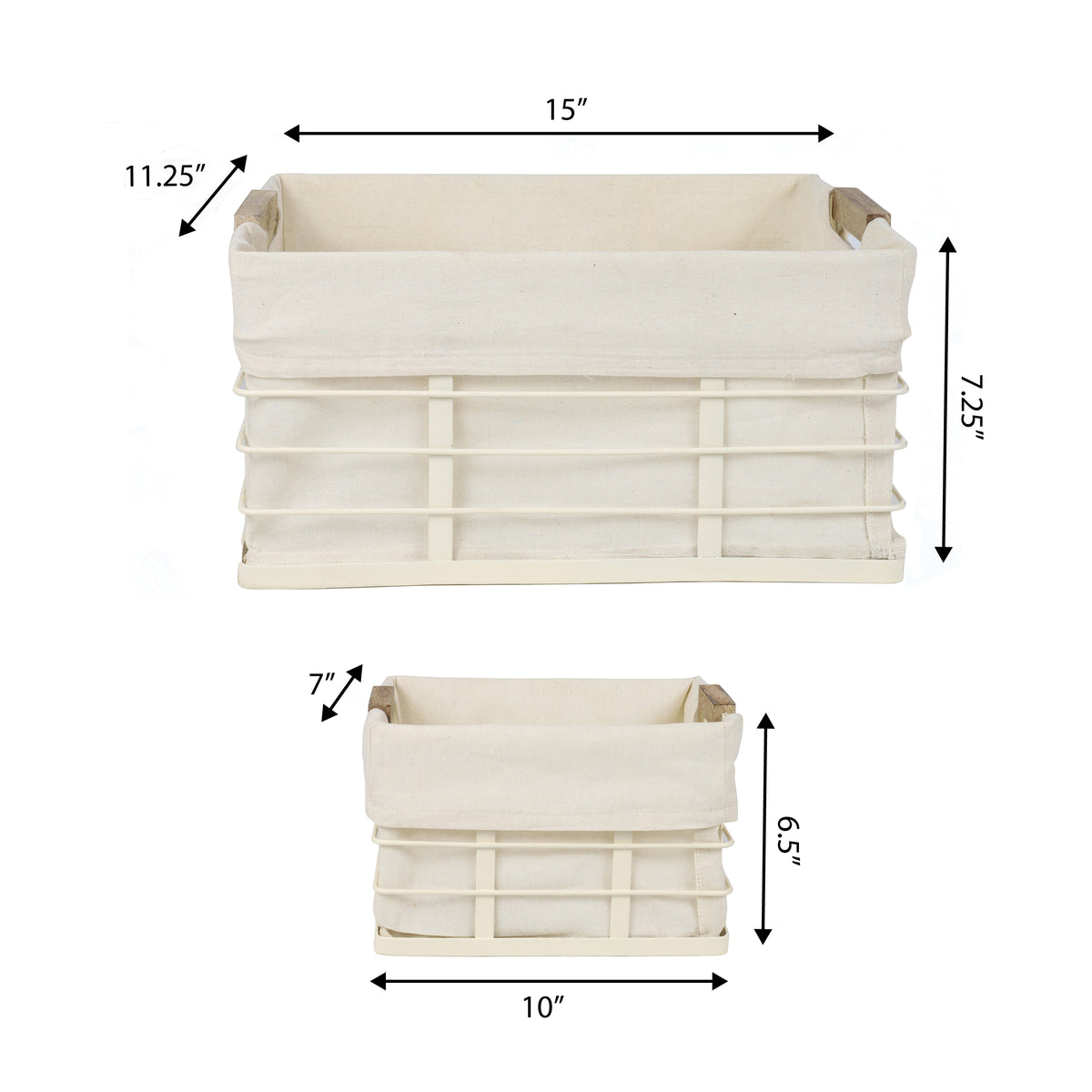 Callan Vintage Industrial Handmade Wire Metal Nesting Storage Baskets with Wood Handles and Fabric Liner
