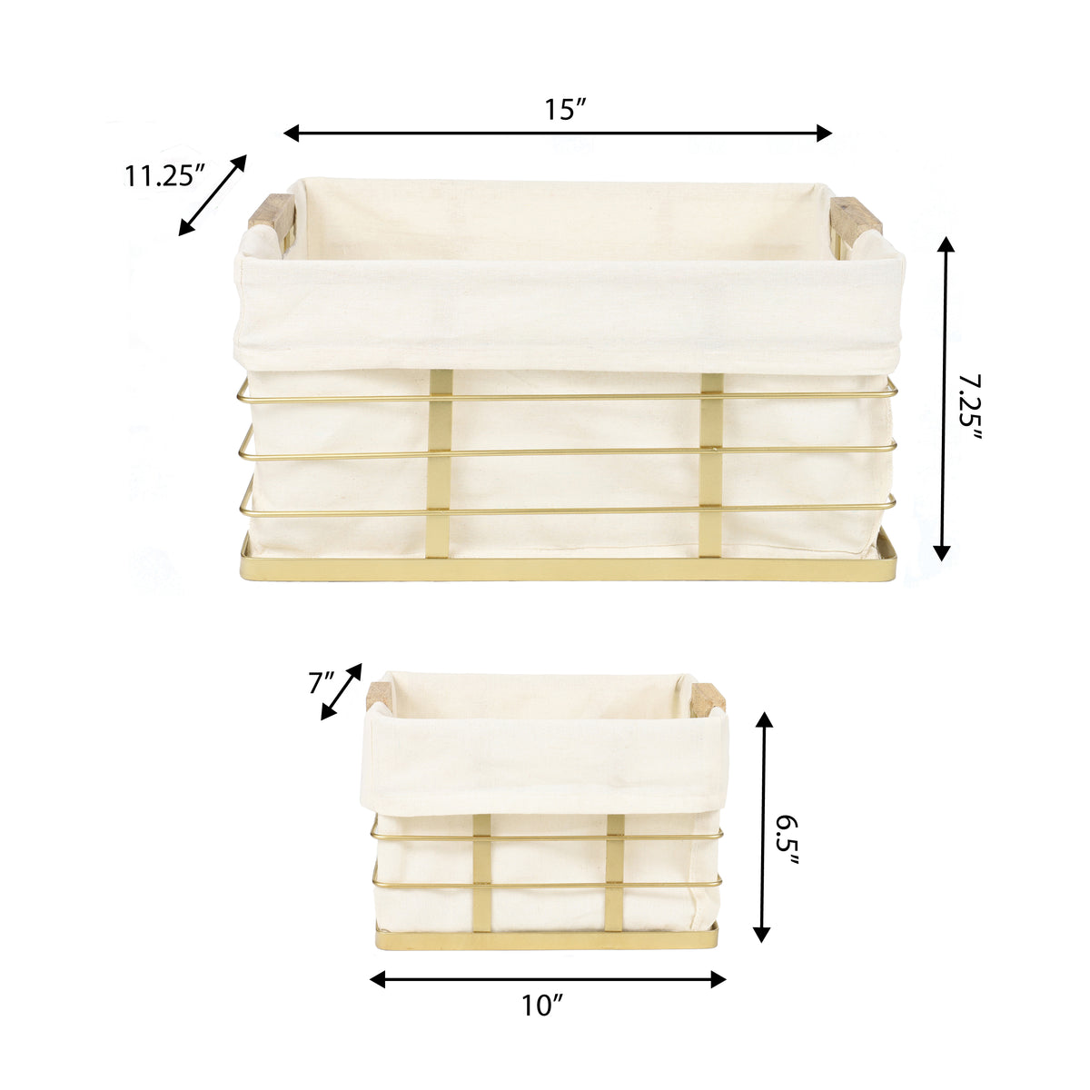 Callan Vintage Industrial Handmade Wire Metal Nesting Storage Baskets with Wood Handles and Fabric Liner