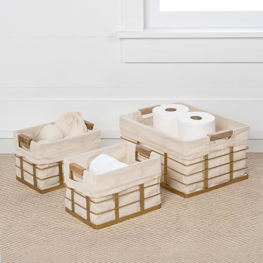 Callan Vintage Industrial Handmade Wire Metal Nesting Storage Baskets with Wood Handles and Fabric Liner