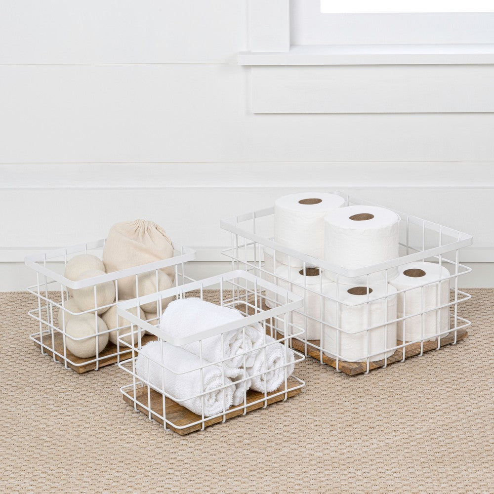 Evvie Vintage Farmhouse Handmade Wire Metal Nesting Storage Baskets with Wood Base
