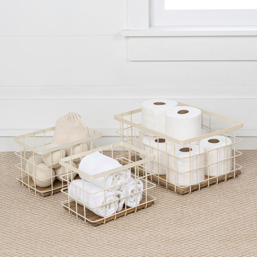 Evvie Vintage Farmhouse Handmade Wire Metal Nesting Storage Baskets with Wood Base