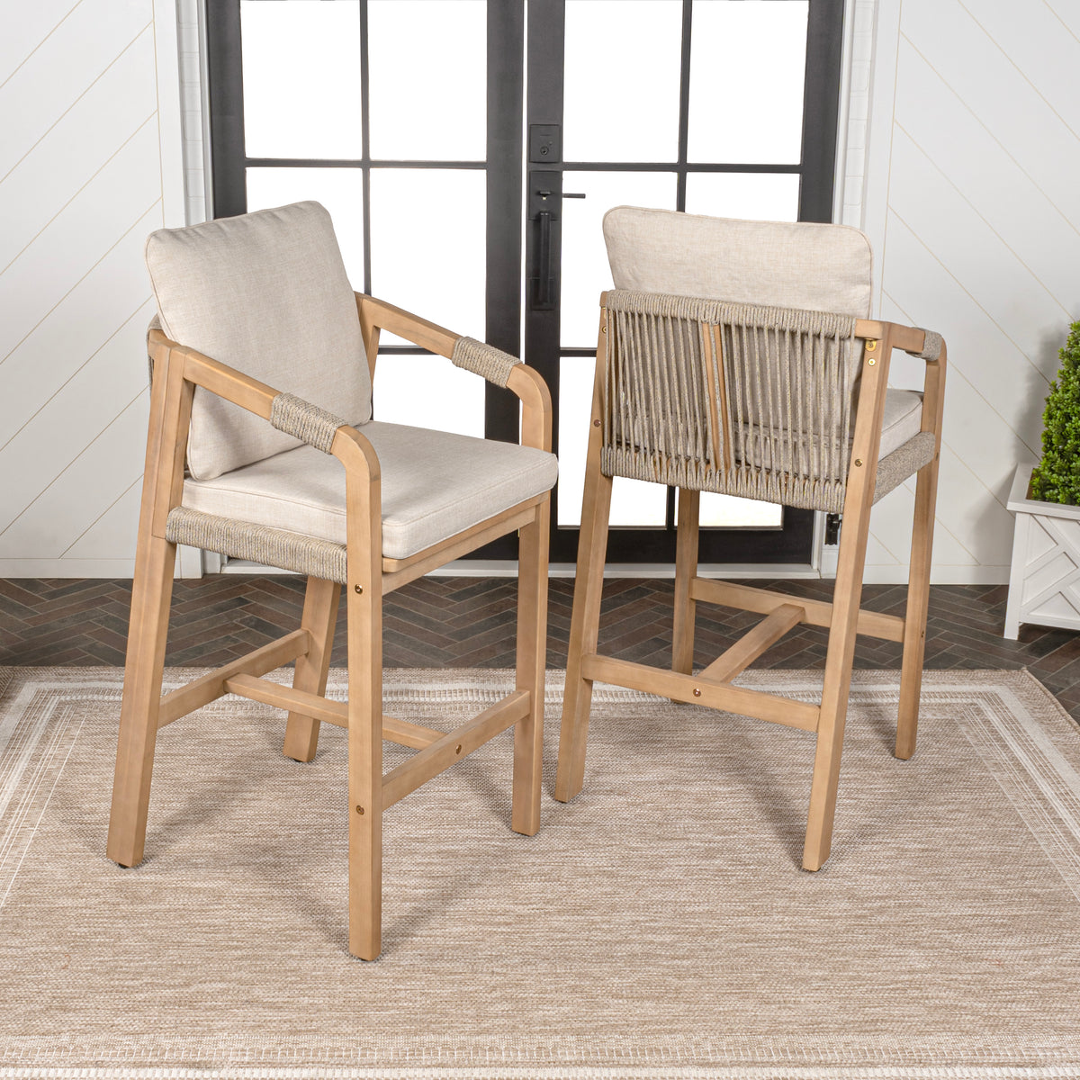 Ashgrove Modern Coastal Tub Roped Acacia Wood Outdoor Bar Stool with Cushions and Armrests Set 2