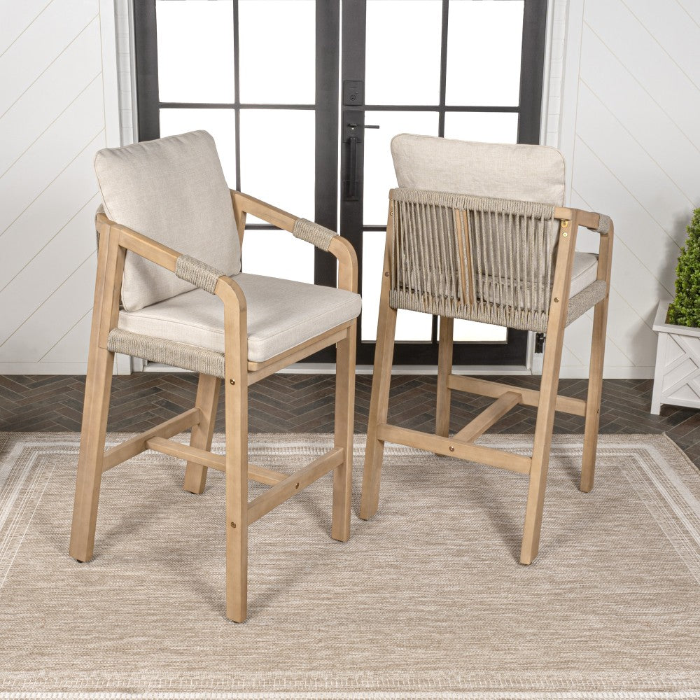 Ashgrove Modern Coastal Tub Roped Acacia Wood Outdoor Bar Stool with Cushions and Armrests Set 2