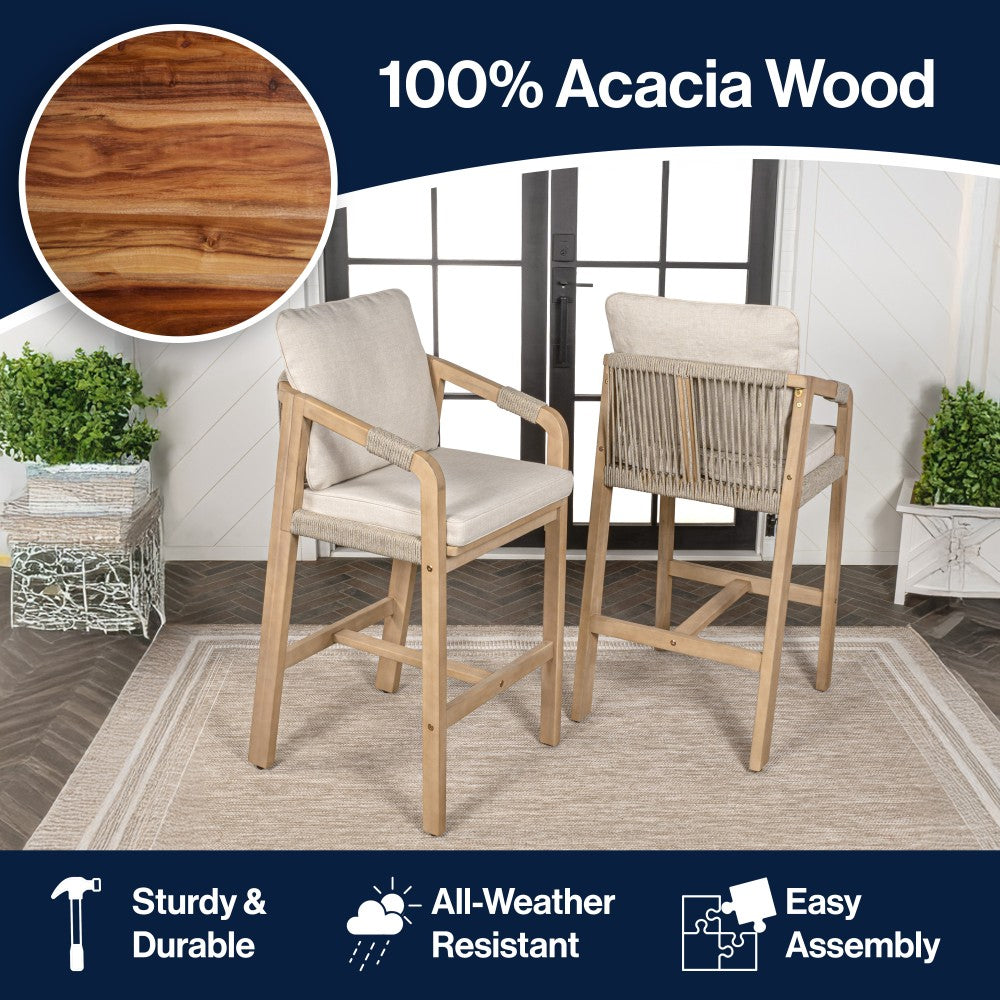 Ashgrove Modern Coastal Tub Roped Acacia Wood Outdoor Bar Stool with Cushions and Armrests Set 2