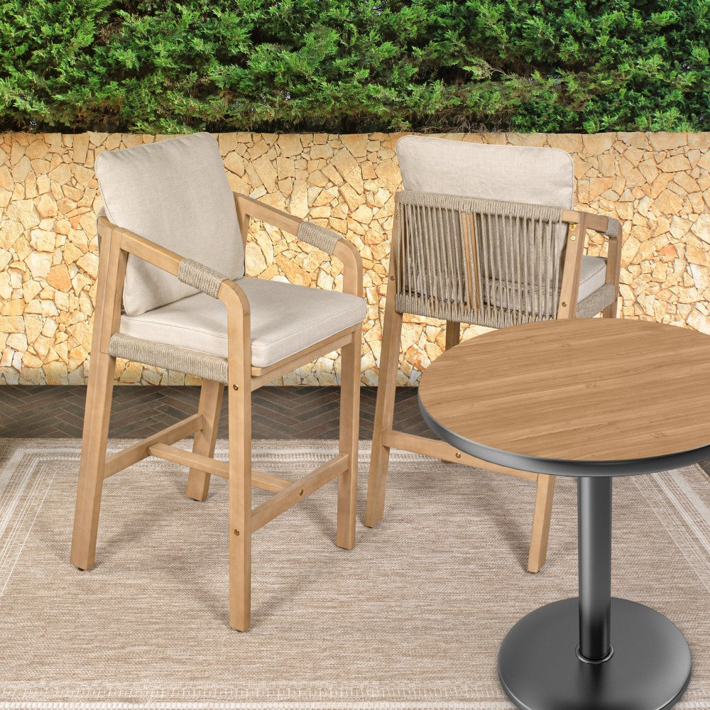 Ashgrove Modern Coastal Tub Roped Acacia Wood Outdoor Bar Stool with Cushions and Armrests Set 2