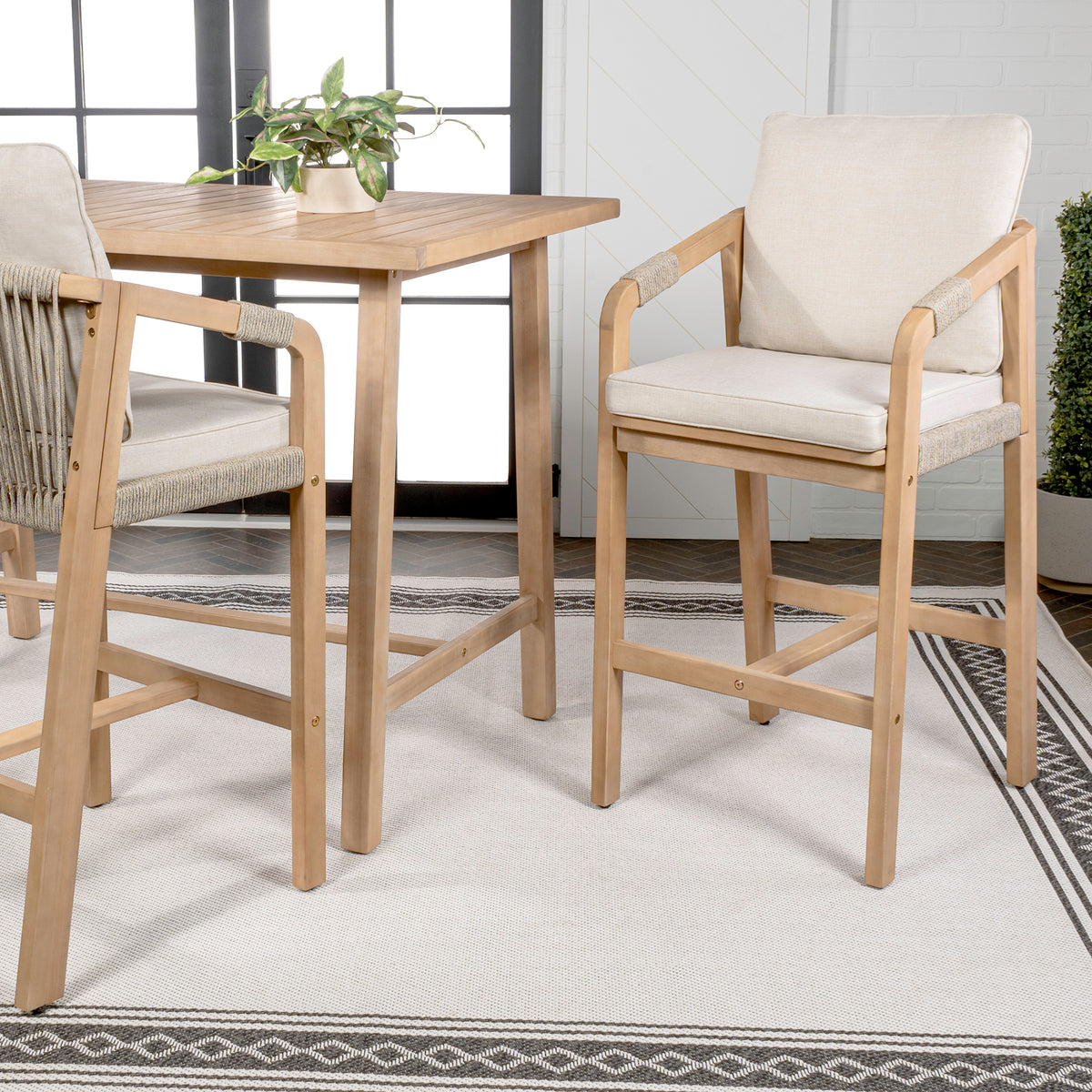 Ashgrove Modern Coastal Tub Roped Acacia Wood Outdoor Bar Stool with Cushions and Armrests Set 2