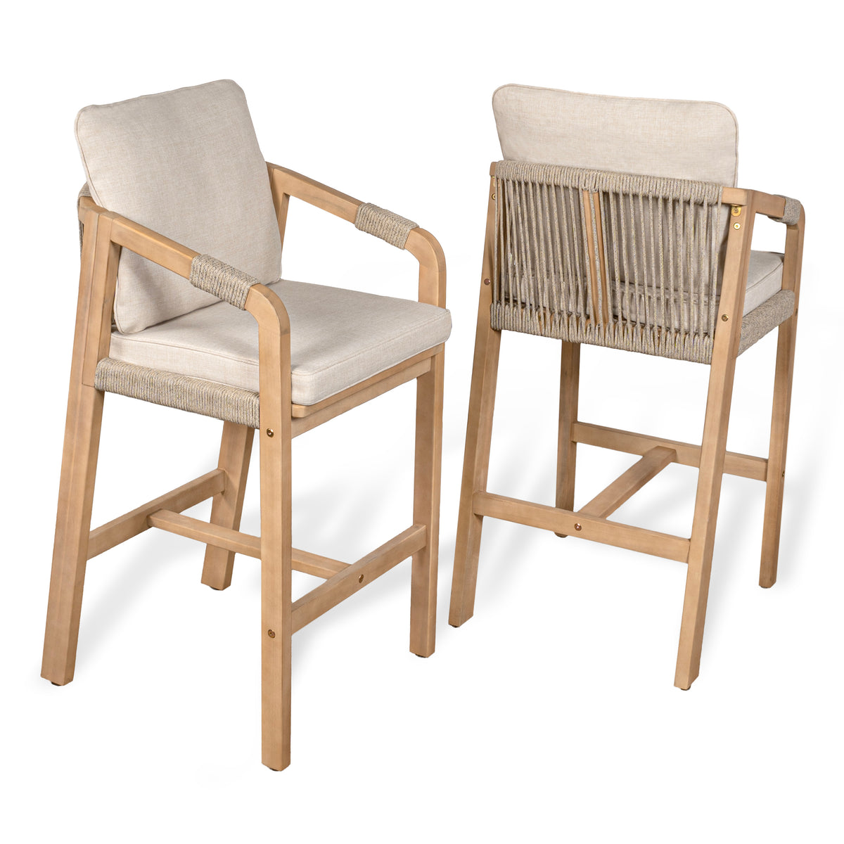Ashgrove Modern Coastal Tub Roped Acacia Wood Outdoor Bar Stool with Cushions and Armrests Set 2