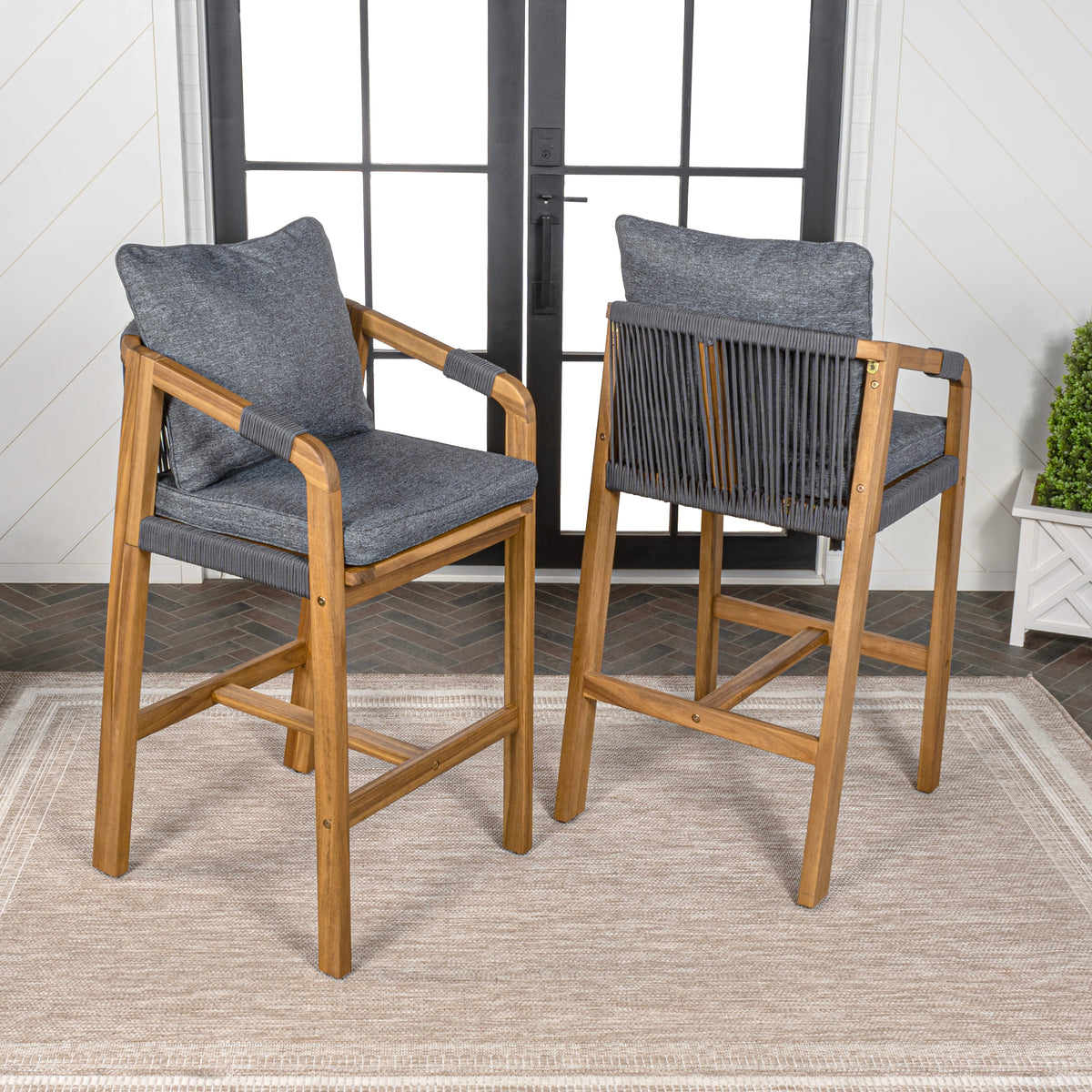 Ashgrove Modern Coastal Tub Roped Acacia Wood Outdoor Bar Stool with Cushions and Armrests Set 2