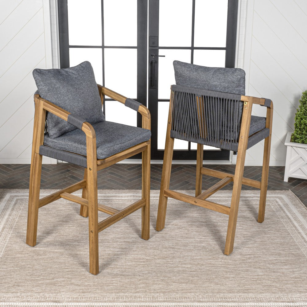 Ashgrove Modern Coastal Tub Roped Acacia Wood Outdoor Bar Stool with Cushions and Armrests Set 2