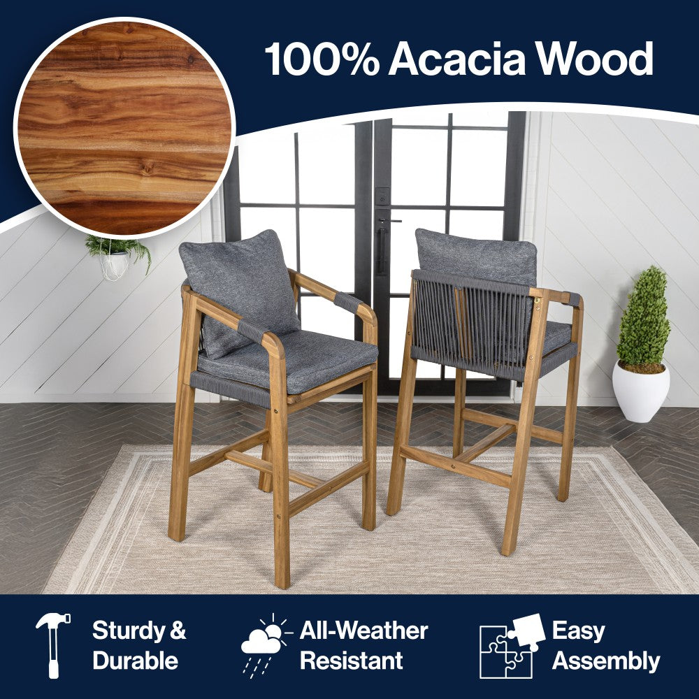 Ashgrove Modern Coastal Tub Roped Acacia Wood Outdoor Bar Stool with Cushions and Armrests Set 2