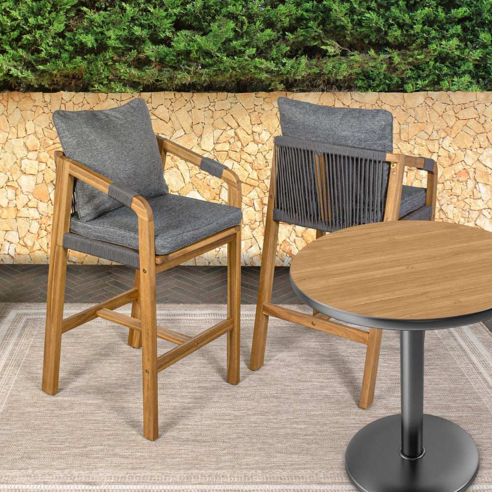 Ashgrove Modern Coastal Tub Roped Acacia Wood Outdoor Bar Stool with Cushions and Armrests Set 2