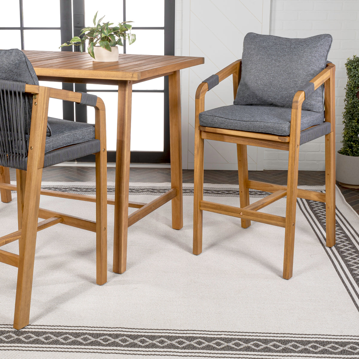 Ashgrove Modern Coastal Tub Roped Acacia Wood Outdoor Bar Stool with Cushions and Armrests Set 2