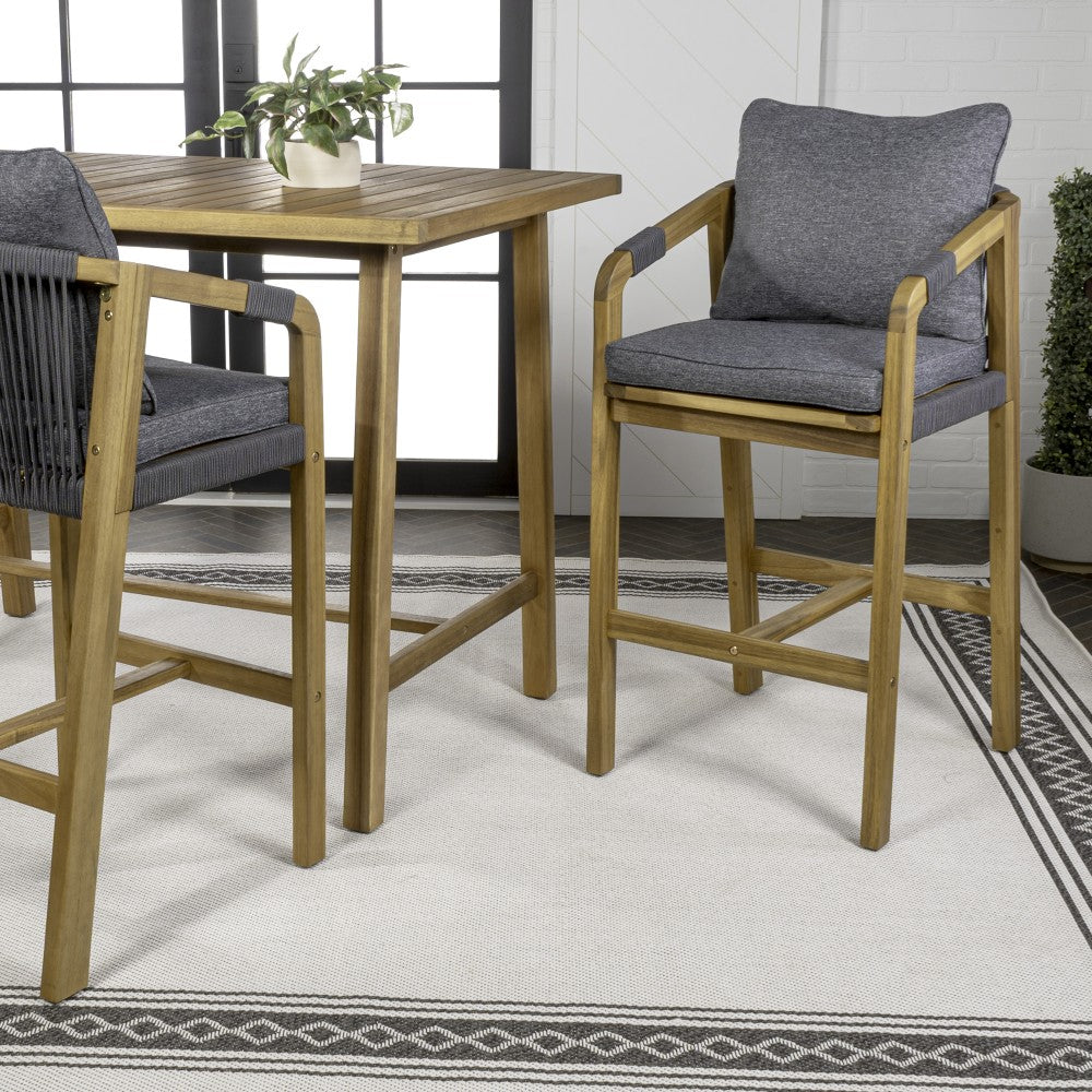 Ashgrove Modern Coastal Tub Roped Acacia Wood Outdoor Bar Stool with Cushions and Armrests Set 2