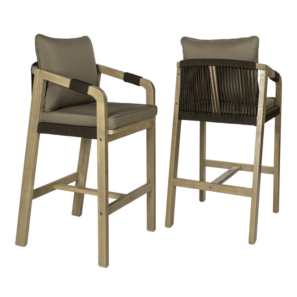 Ashgrove Modern Coastal Tub Roped Acacia Wood Outdoor Bar Stool with Cushions and Armrests Set 2