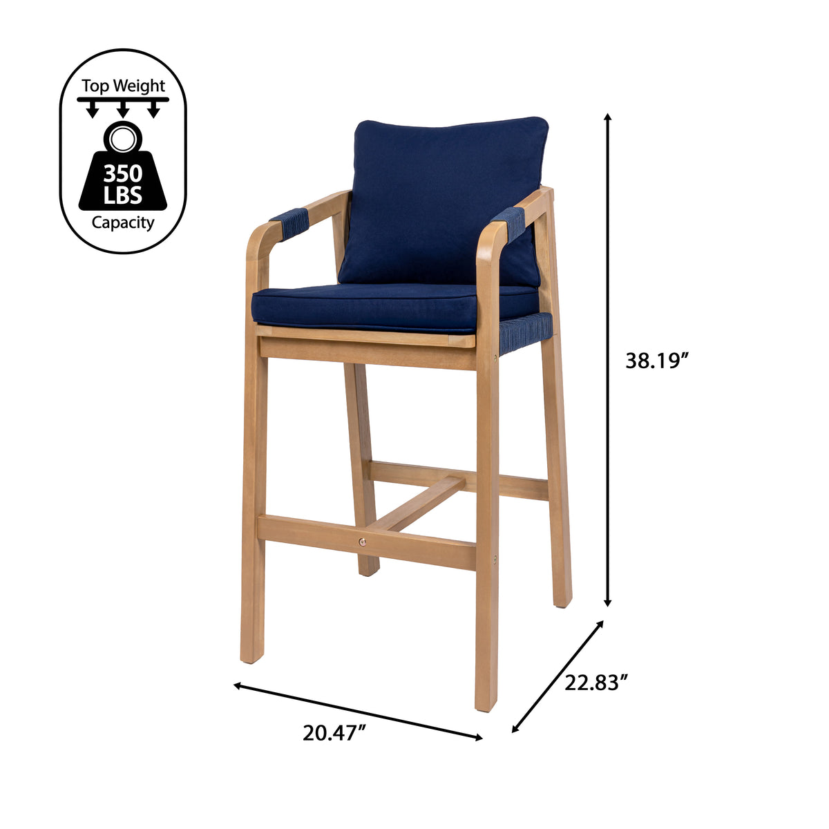 Ashgrove Modern Coastal Tub Roped Acacia Wood Outdoor Bar Stool with Cushions and Armrests Set 2