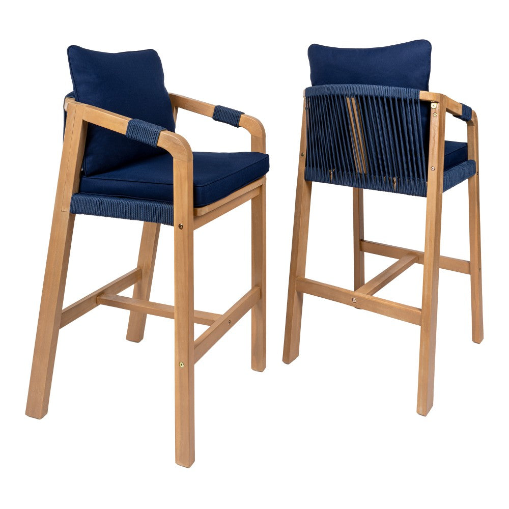 Ashgrove Modern Coastal Tub Roped Acacia Wood Outdoor Bar Stool with Cushions and Armrests Set 2