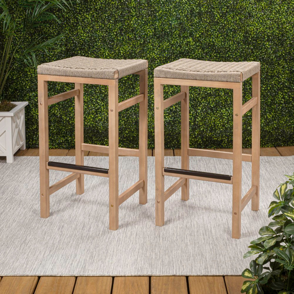 Driftpetal 30" Modern Coastal Backless Acacia Wood Outdoor Bar Stool with Woven Rope Seat Set 2
