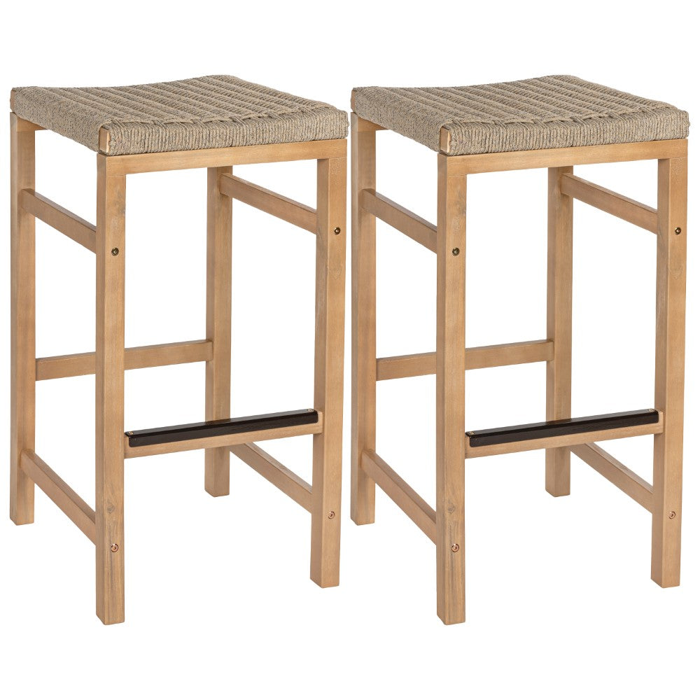 Driftpetal 30" Modern Coastal Backless Acacia Wood Outdoor Bar Stool with Woven Rope Seat Set 2