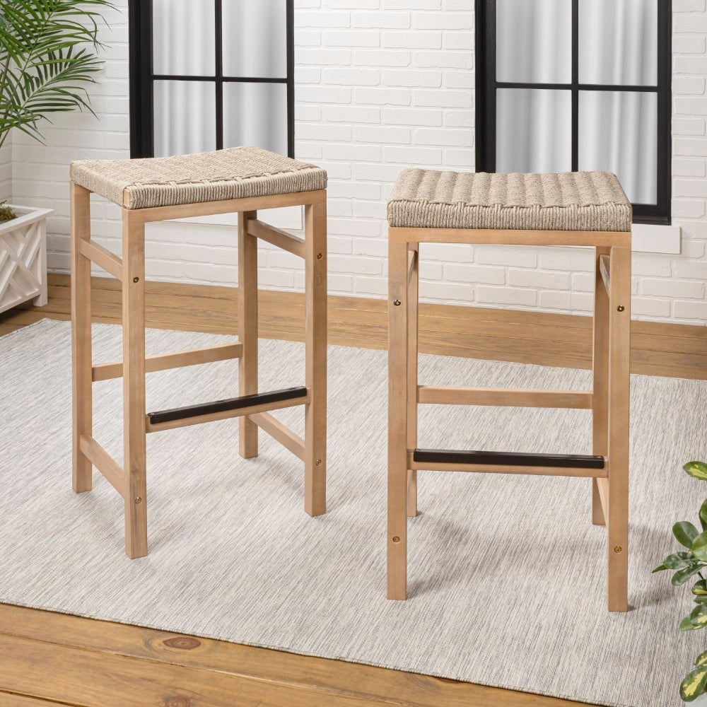 Driftpetal 30" Modern Coastal Backless Acacia Wood Outdoor Bar Stool with Woven Rope Seat Set 2