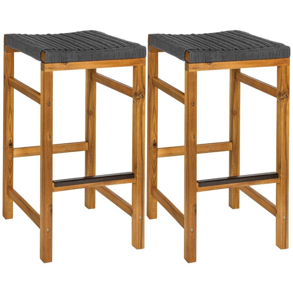 Driftpetal 30" Modern Coastal Backless Acacia Wood Outdoor Bar Stool with Woven Rope Seat Set 2