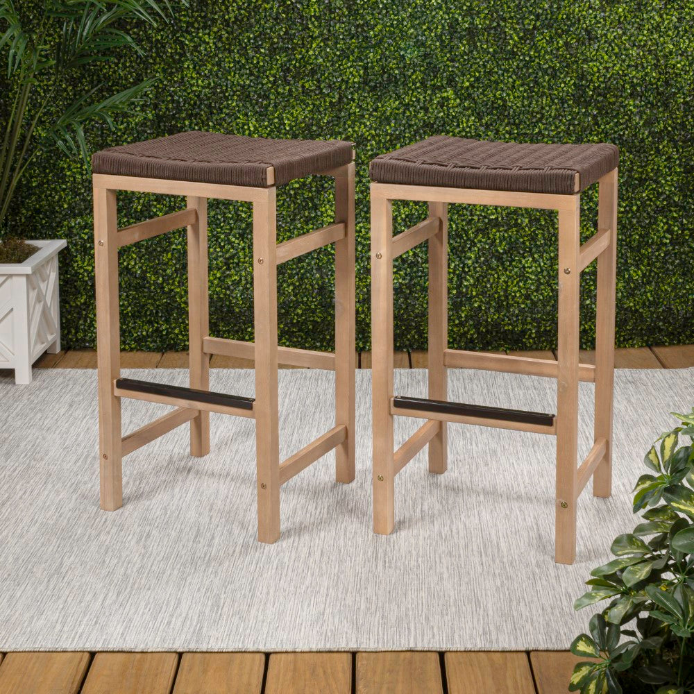 Driftpetal 30" Modern Coastal Backless Acacia Wood Outdoor Bar Stool with Woven Rope Seat Set 2