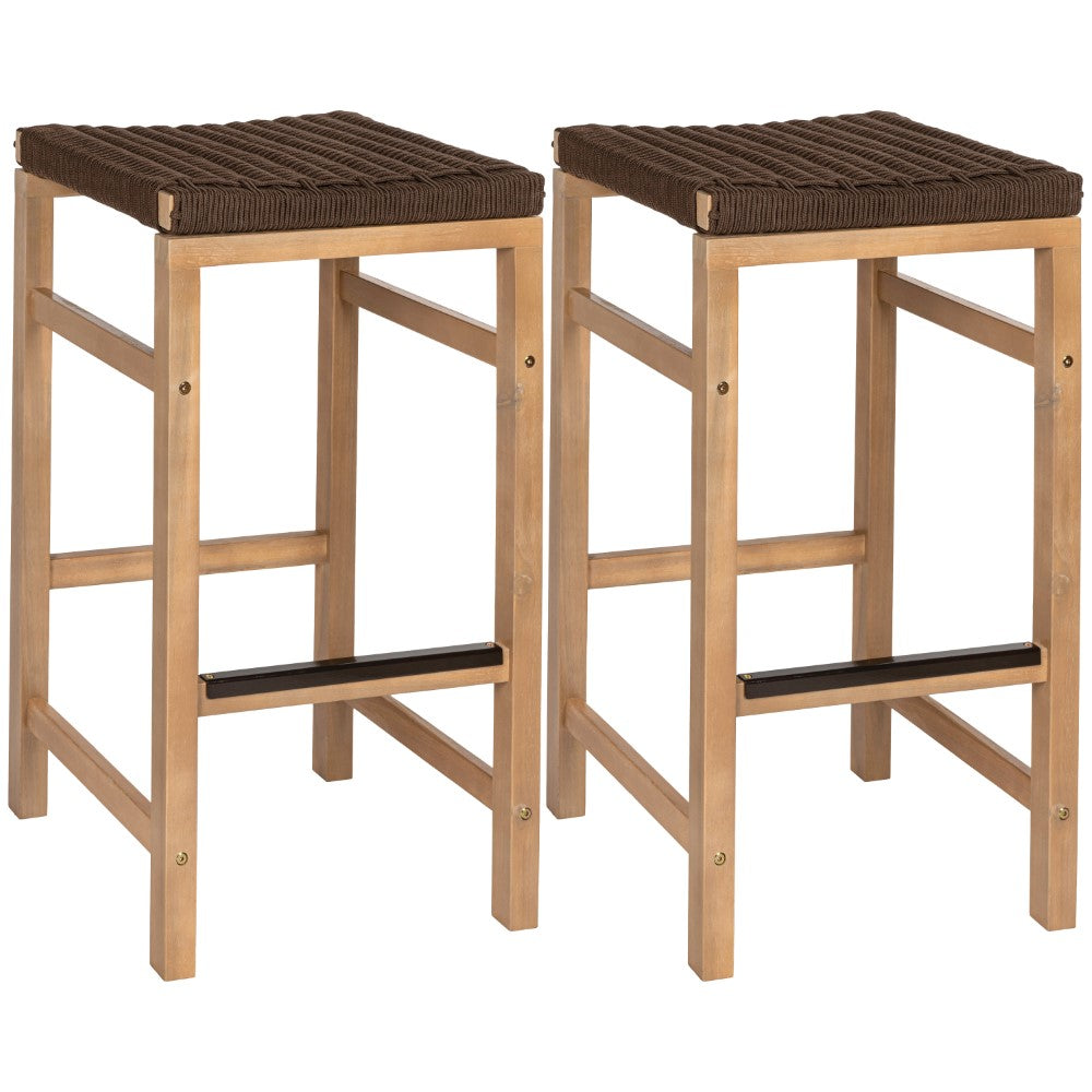 Driftpetal 30" Modern Coastal Backless Acacia Wood Outdoor Bar Stool with Woven Rope Seat Set 2