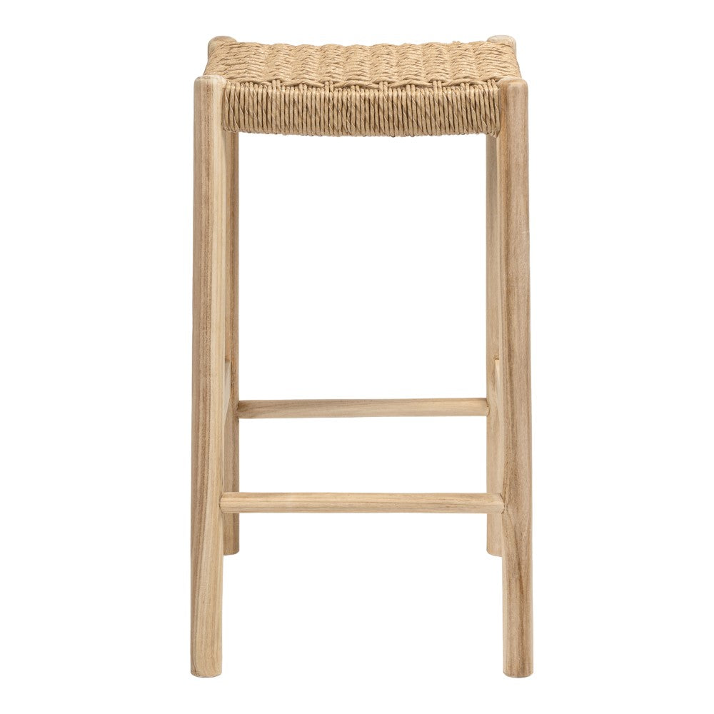 Elvora 29.5" Coastal Casual Handcrafted Teak Wood Backless Indoor/Outdoor Bar Stool with Synthetic Woven Seat