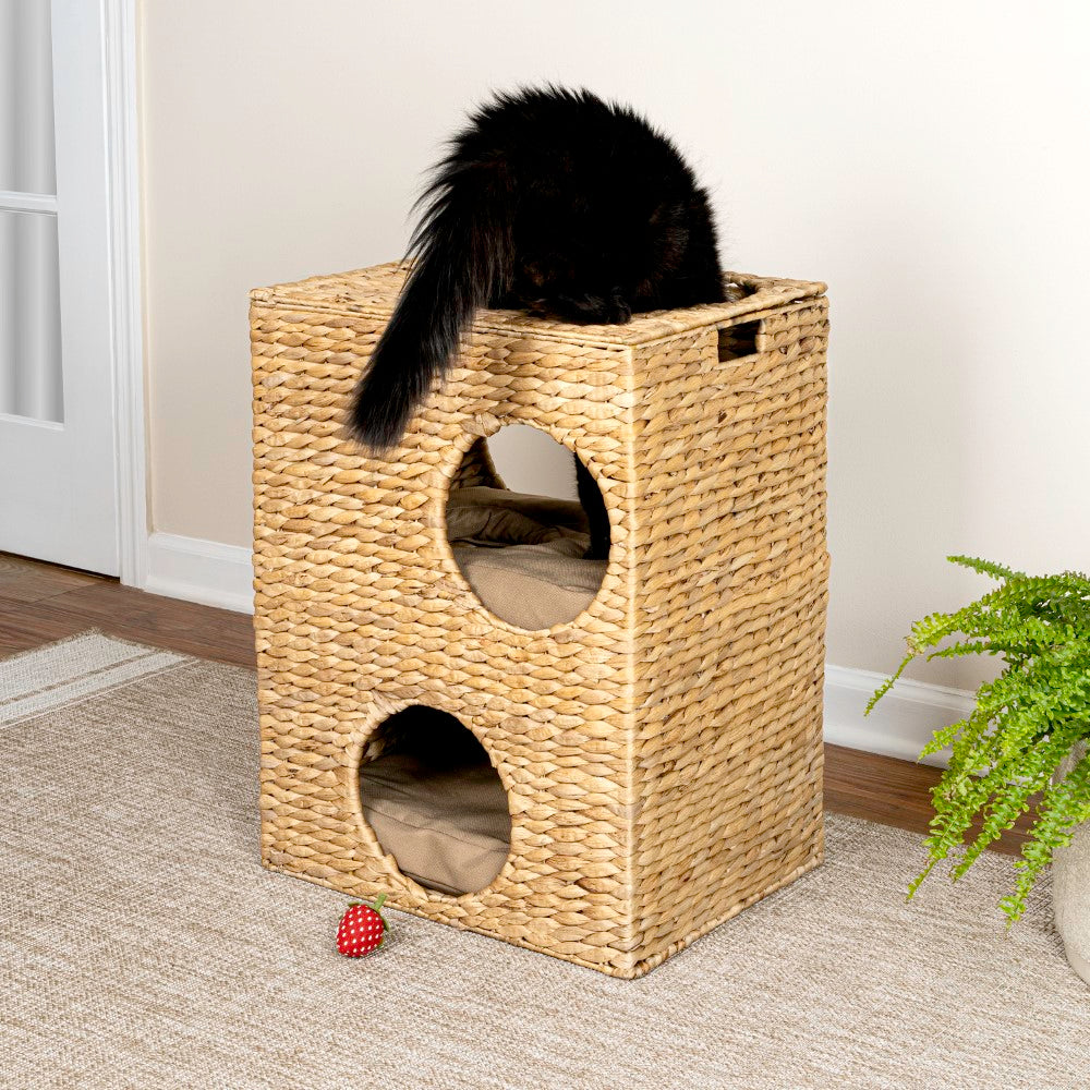 Sanware 18" Modern Classic 2-Tier Handwoven Hyacinth Rectangular 5-Hole Cat Condo with 2 Machine-Washable Cushions