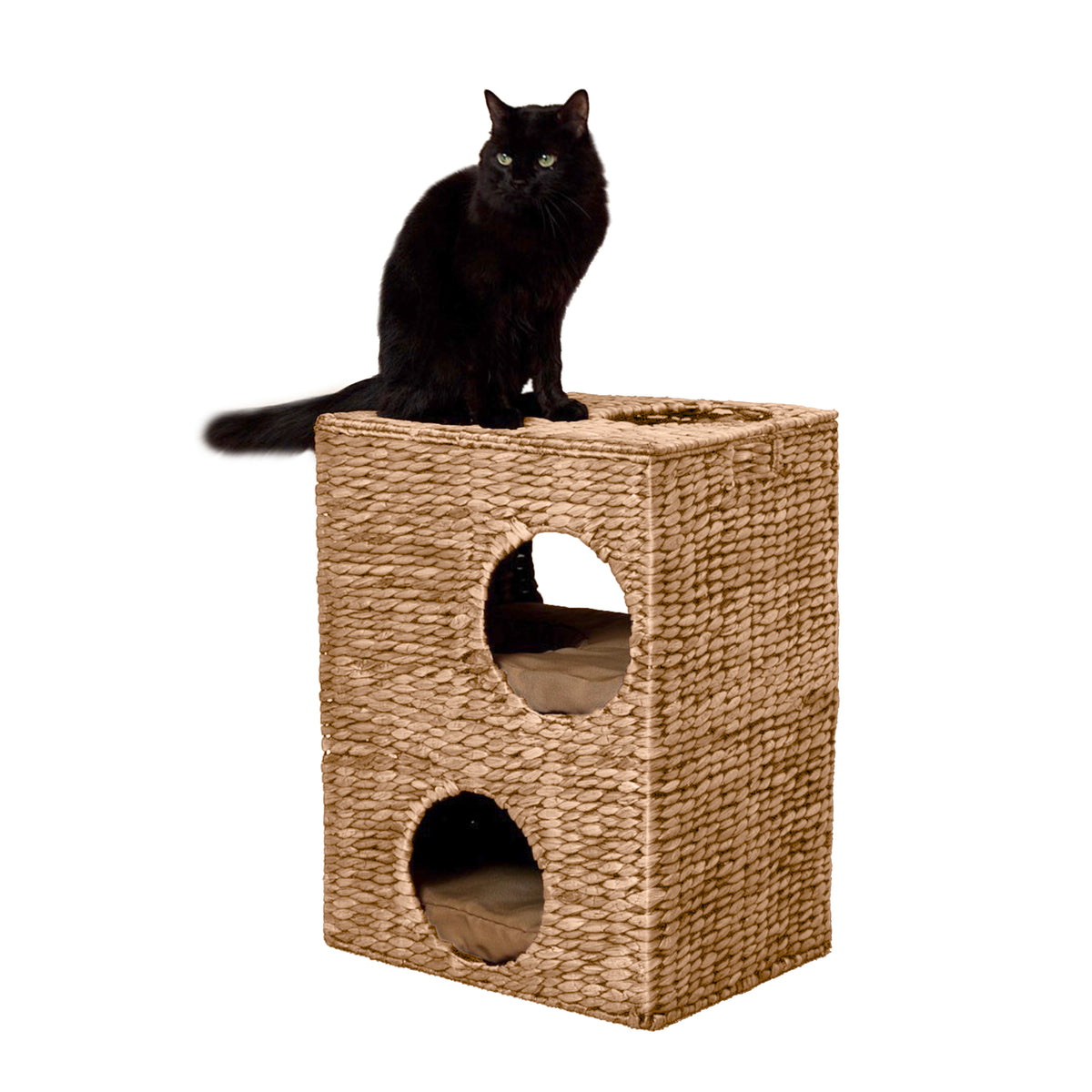 Sanware 18" Modern Classic 2-Tier Handwoven Hyacinth Rectangular 5-Hole Cat Condo with 2 Machine-Washable Cushions