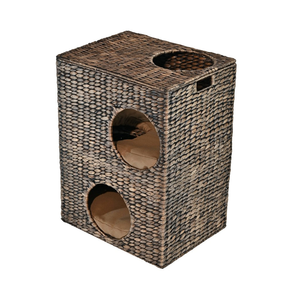 Sanware 18" Modern Classic 2-Tier Handwoven Hyacinth Rectangular 5-Hole Cat Condo with 2 Machine-Washable Cushions