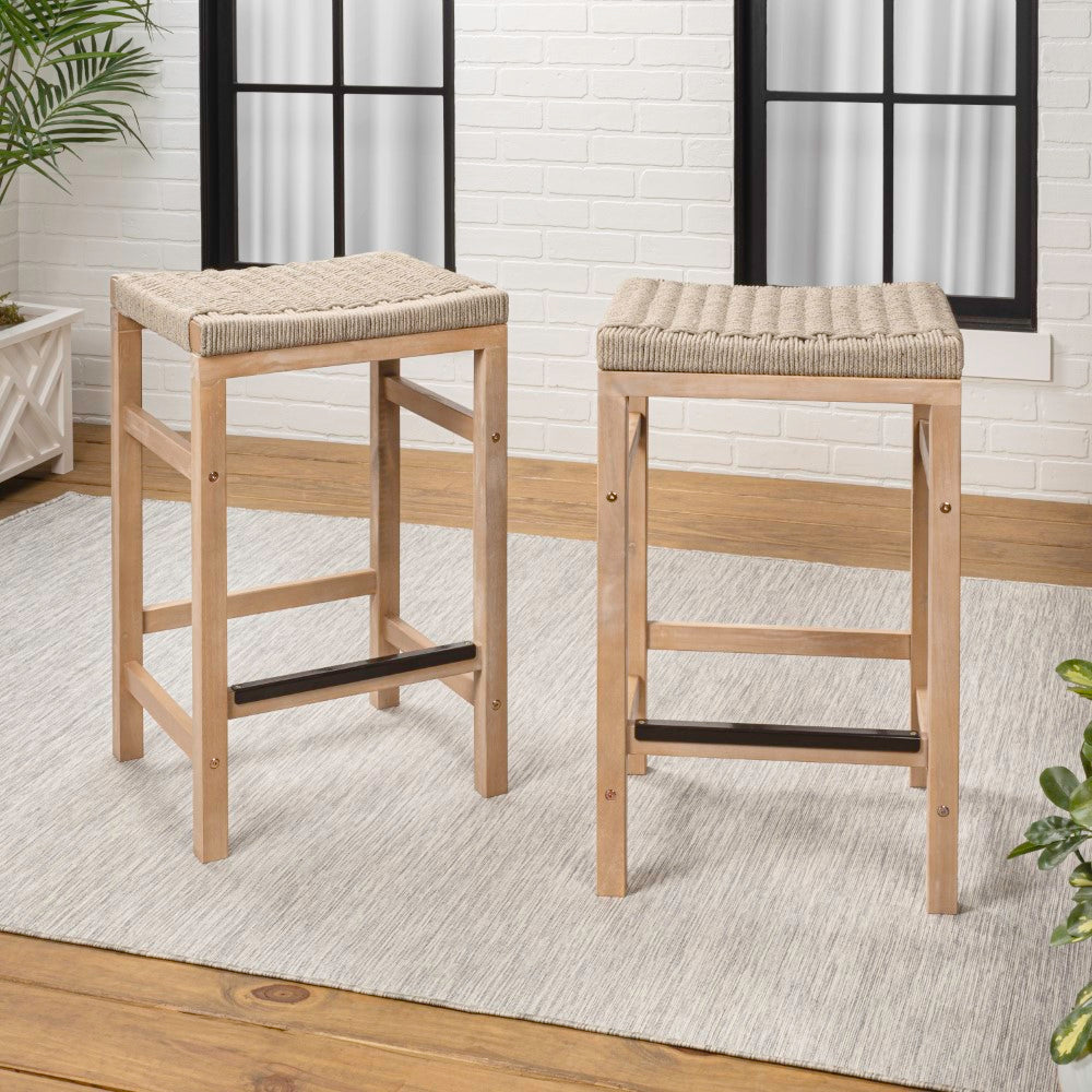 Mosslyn 25.6" Modern Coastal Backless Acacia Wood Outdoor Counter Stool with Woven Rope Seat Set 2