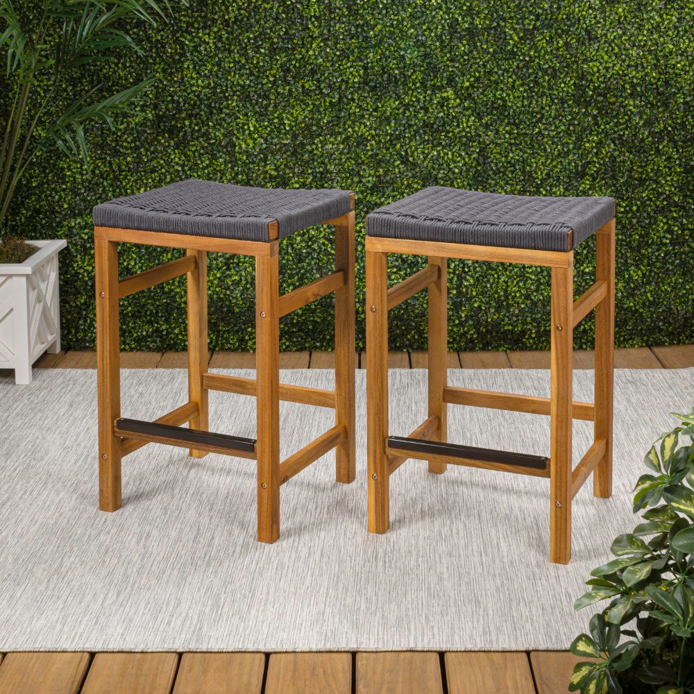 Mosslyn 25.6" Modern Coastal Backless Acacia Wood Outdoor Counter Stool with Woven Rope Seat Set 2