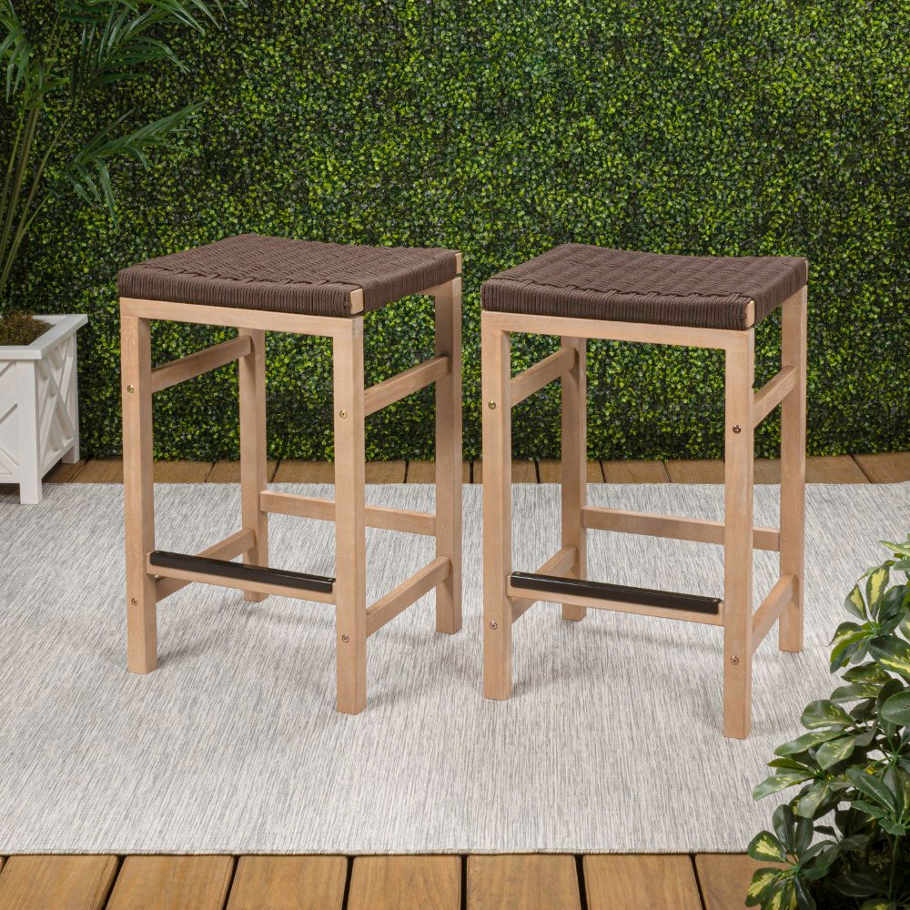Mosslyn 25.6" Modern Coastal Backless Acacia Wood Outdoor Counter Stool with Woven Rope Seat Set 2
