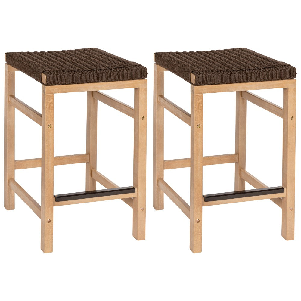 Mosslyn 25.6" Modern Coastal Backless Acacia Wood Outdoor Counter Stool with Woven Rope Seat Set 2