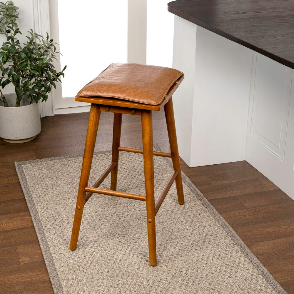 Skystag 26" MidCentury Classic Saddle-Seat Solid Wood/Vegan Leather Backless Counter Stool with Removeable Cushion