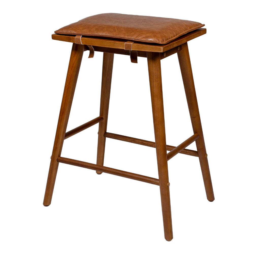 Skystag 26" MidCentury Classic Saddle-Seat Solid Wood/Vegan Leather Backless Counter Stool with Removeable Cushion