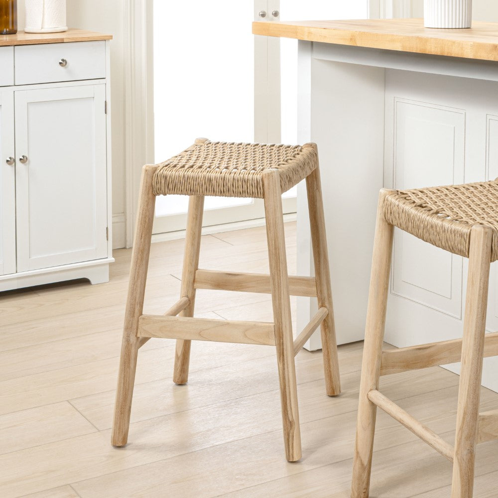 Caldor 25.5" Coastal Casual Handcrafted Teak Wood Backless Indoor/Outdoor Counter Stool with Synthetic Woven Seat