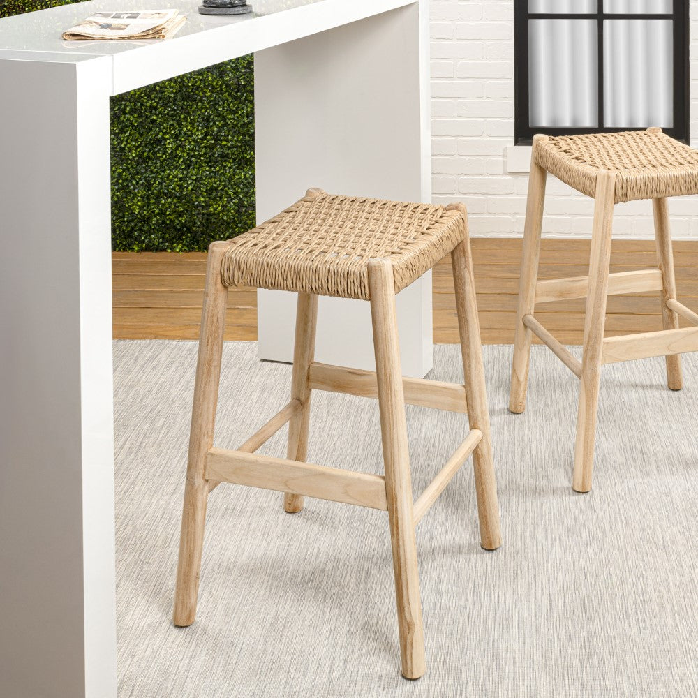 Elvora Coastal Casual Handcrafted Teak Wood Backless Indoor/Outdoor Bar Stool with Synthetic Woven Seat