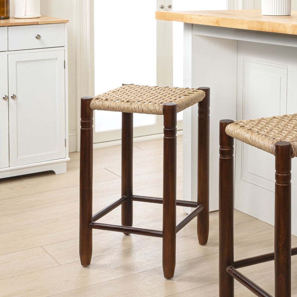 Caldor Coastal Casual Handcrafted Teak Wood Backless Indoor/Outdoor Counter Stool with Synthetic Woven Seat