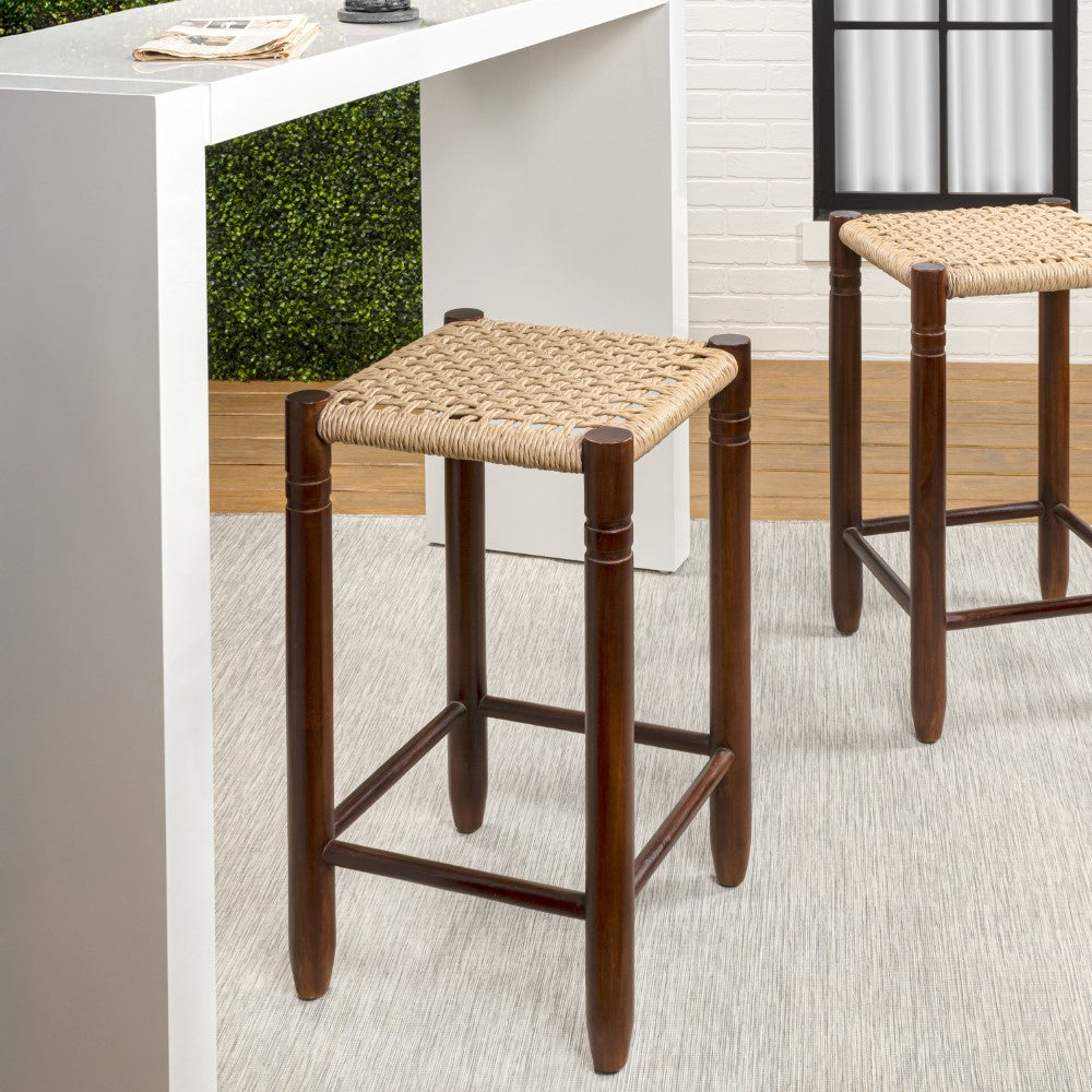 Caldor Coastal Casual Handcrafted Teak Wood Backless Indoor/Outdoor Counter Stool with Synthetic Woven Seat