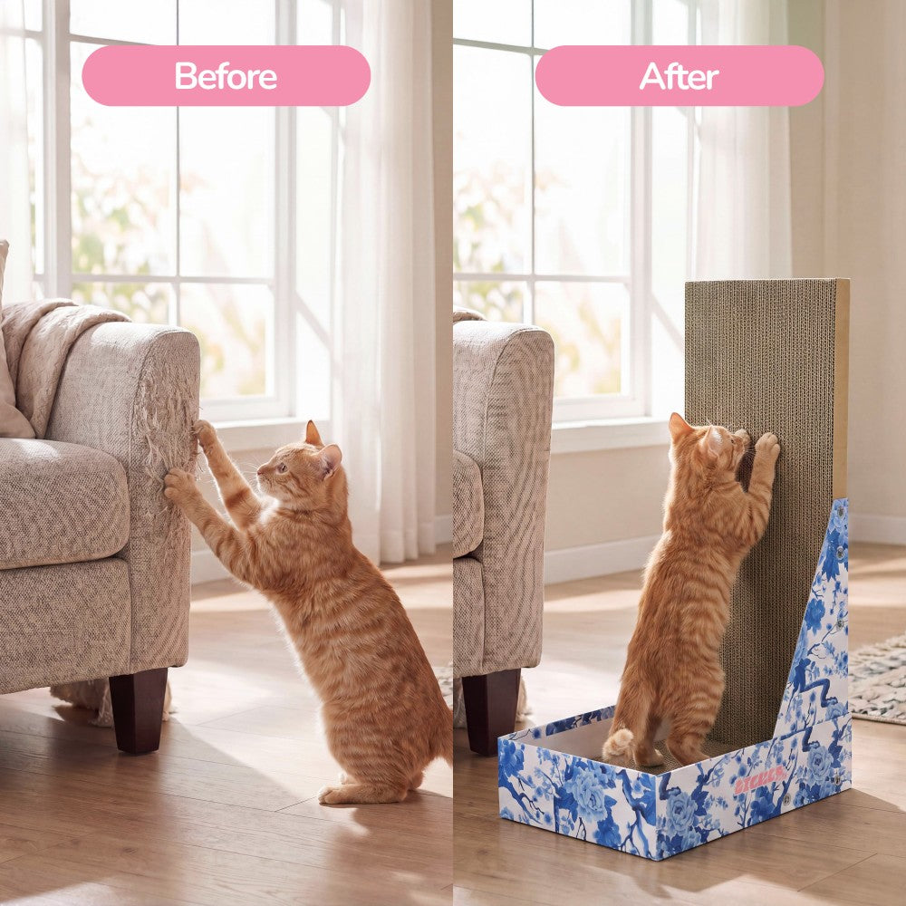 Pawzy 23.8" Modern L Shaped Vertical Cardboard Cat Scratcher Stand with Catnip