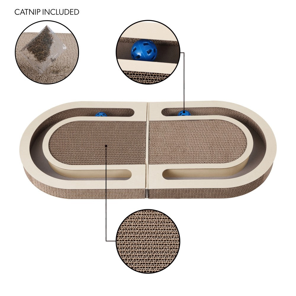 Furrio 26” Foldable Double Sided Interactive Cardboard Cat Scratcher Lounge Pad with Ball and Catnip