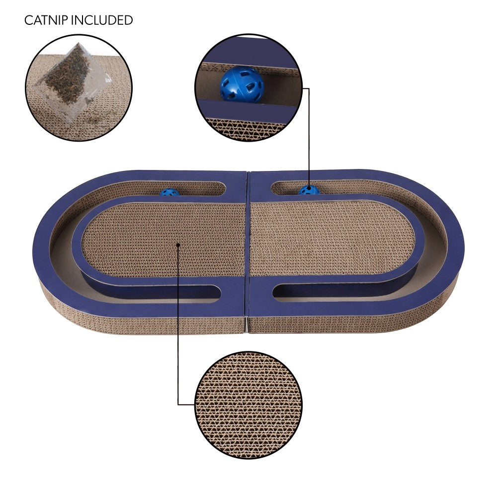 Furrio 26” Foldable Double Sided Interactive Cardboard Cat Scratcher Lounge Pad with Ball and Catnip