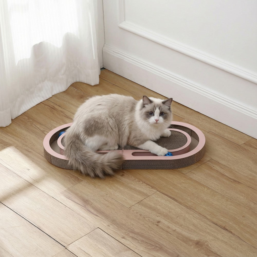 Furrio 26” Foldable Double Sided Interactive Cardboard Cat Scratcher Lounge Pad with Ball and Catnip